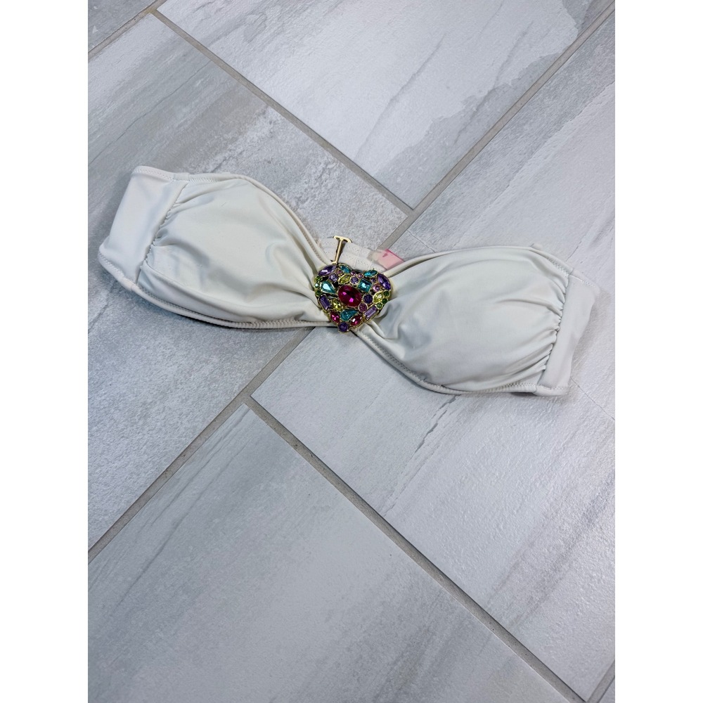 Victorias Secret White Bandeau Bikini Top Jeweled Multi Color Heart Medium